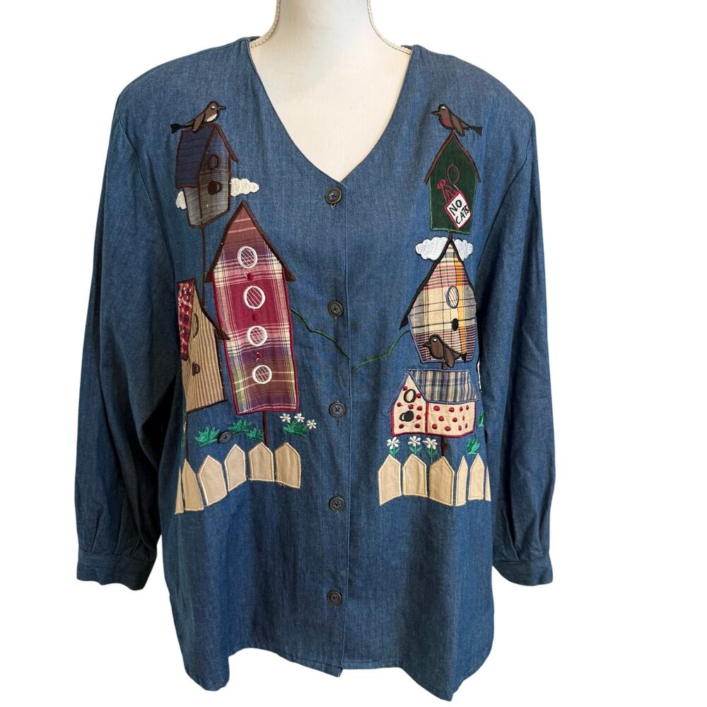 Vintage Country Wear Clothing Co Shirt Size Missing XL? Blue Birdhouses Patches